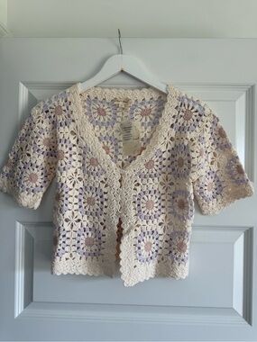 Hem & Thread NWT Crochet Granny Square Cardigan Sweater Size Large Boho Cottage